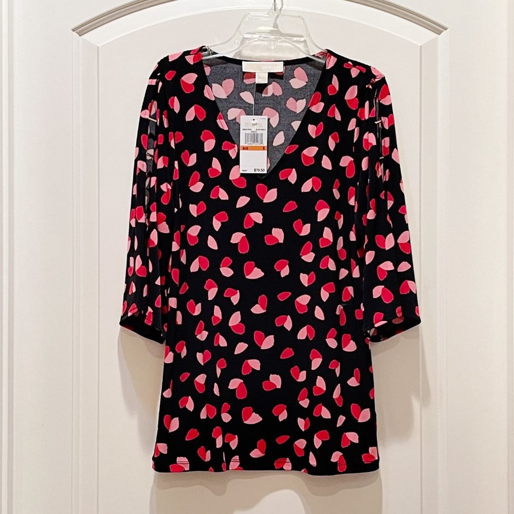 New Michael Kors Small Top Black Pink Red Hearts Split Sleeve Stretch Blouse NWT
